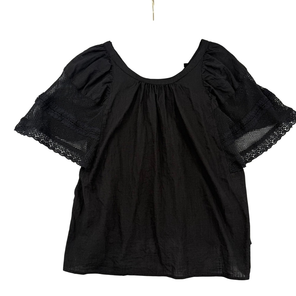 Old Navy Black Cotton Gauze Crochet Lace Flutter Sleeve Boho Blouse Top Large